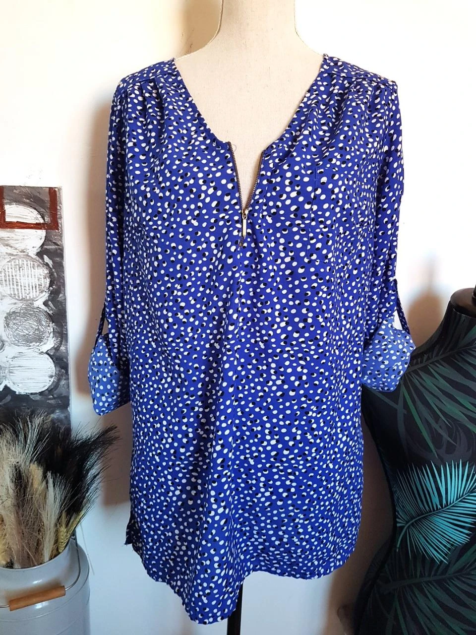 💦Blouse fluide bleue à motifs – Taille 42 – Manches modulables